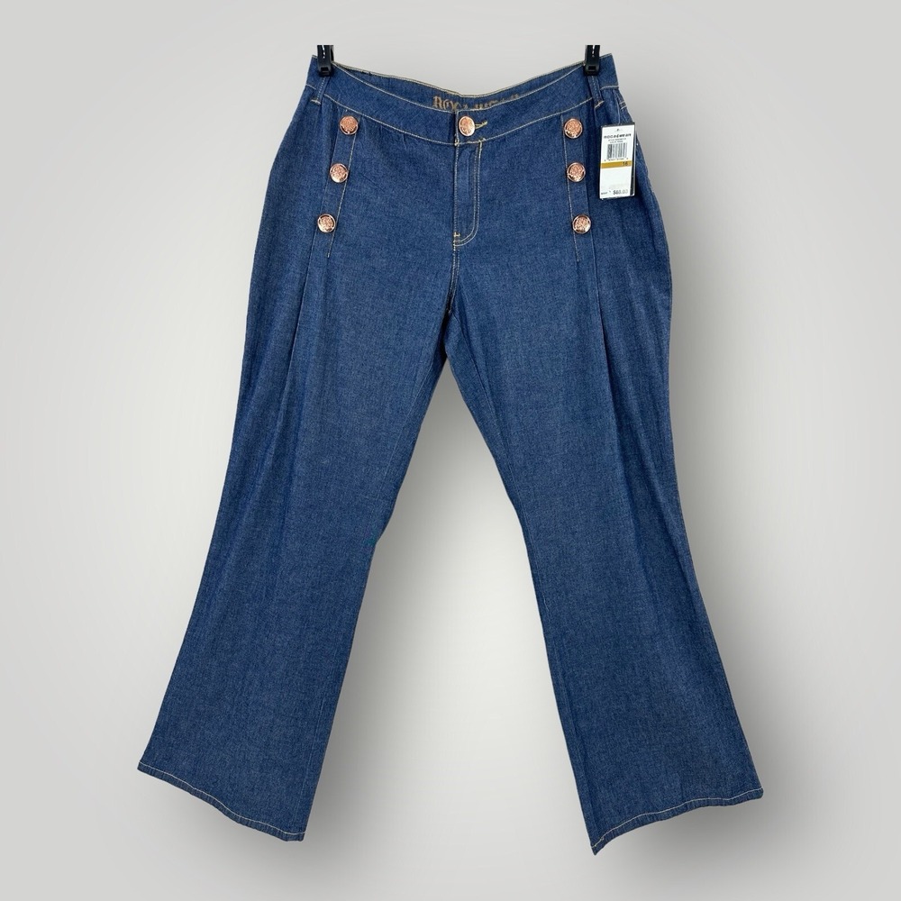 NEW $88 ROCAWEAR Denim Jean‎ Womans Size 16 Flared Wide Leg Large Buttons Accent